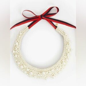 NWT dust bag & box Clare V. Pearl beaded choker navy & red grosgrain ribbon